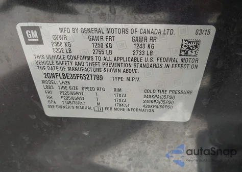 2015 Chevrolet Equinox 1Lt from USA, damaged, VIN 2GNFLBE35F6327789